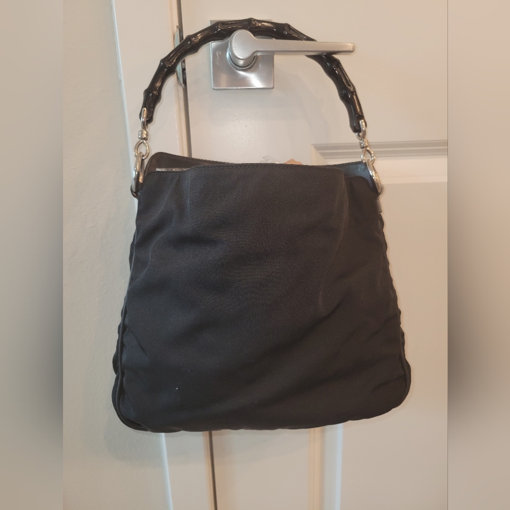 VGUC GUCCI Black Canvas Bamboo Handle Sholuder Bag